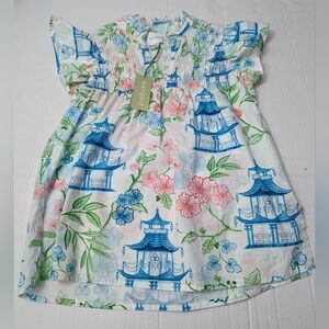 Victoria Dunn Marigold Pagoda Layla Blouse Smocked Bodice Flutter Sleeve M NWT